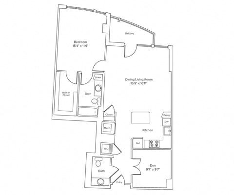 Floor plan for 1 bed, 1.5 baths, 989 sqft